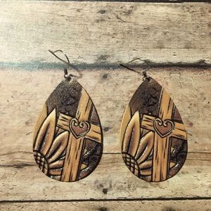 Tooled Leather Western Style Floral Cross Earrings